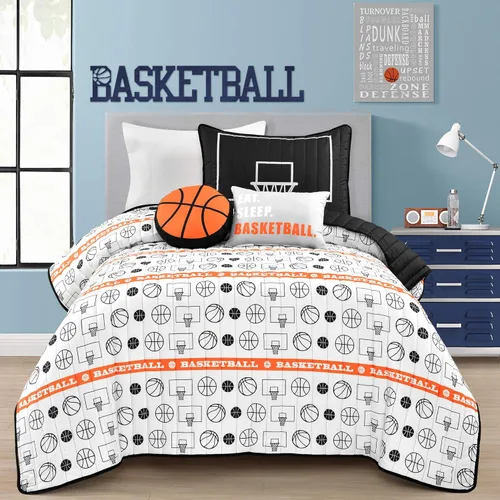 Vista 2 de Lush Decor Juego de edredón reversible de juego de baloncesto, juego de 4 piezas, individual, negro y naranja, juego de ropa de cama suave