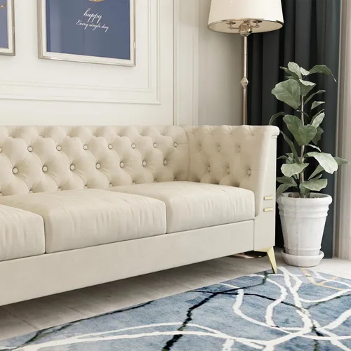Vista 4 de Sofá de terciopelo moderno de mediados de siglo con patas de metal dorado, sofá Chesterfield de 3 plazas para sala de estar, dormitorio, Beige