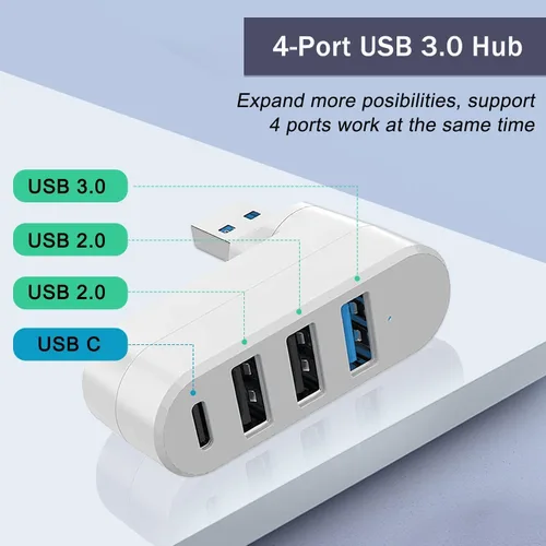 Vista 2 de VIENON Hub USB 3.0 de 4 puertos [90/180 giratorio], divisor USB con 3 puertos USB y 1 puerto USB C de alimentación/datos, extensor USB