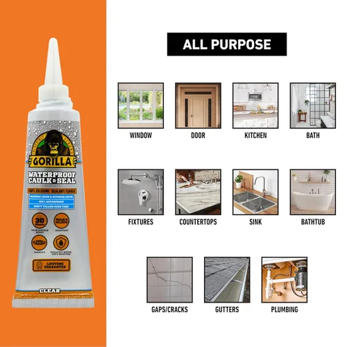 Vista 2 de Gorilla Calafateo 100% de silicona, sellador impermeable, tubo de compresión de 2.8 onzas (paquete de 1) – Transparente – 10 años resistente al moho