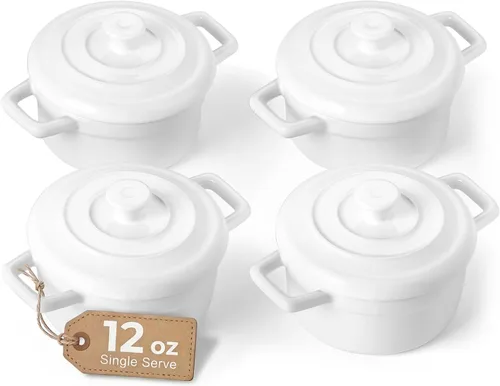 Vista 10 de Lareina Mini Cocotte - Cacerolas de cerámica de 12 onzas - Juegos de cacerolas de cocina con asas y tapa - Pequeños moldes para hornear, aptos