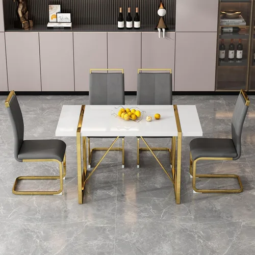 Vista 24 de Mesa de comedor Ebullient para 4, mesa de comedor rectangular negra de MDF, tapa de mesa de cena de mármol falso, mesa de comedor moderna con marco