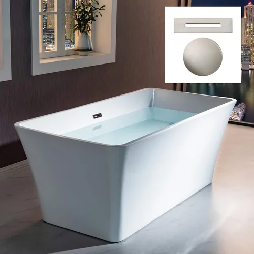 WOODBRIDGE Drenaje y desbordamiento de bañera de remojo acílico blanco independiente de 59 pulgadas, BTA1509-B/N-Drain &O, con secado de níquel