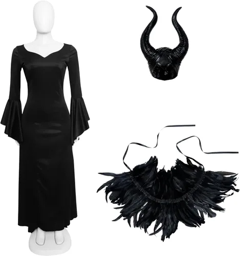 Vista 6 de UQJE Vestido negro de lujo para mujer, disfraz de capa de plumas con cuernos