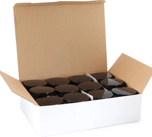 Vista 4 de Vivaplex, 12, ámbar, redondo, de 4 oz, tarros de vidrio, con forros interiores y tapas negras.
