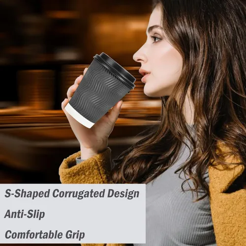Vista 4 de Lamosi 500 Pack - 12 oz Insulated Disposable Coffee Cups with Lids, To Go Paper Coffee Cups with Lids, Corrugated Ripple Wall Cup for Hot Drink