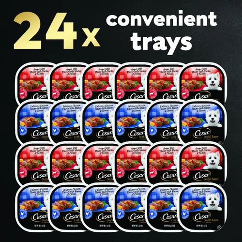 Vista 3 de Cesar - Comida húmeda para perros en un paquete variado de trocitos y toppers en salsa para un festín de tocino, 3.5 onzas en 24 bandejas fáciles