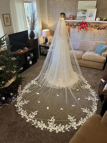 Vista 2 de Velo de novia de 1 nivel para mujer con encaje de flor catedral L95