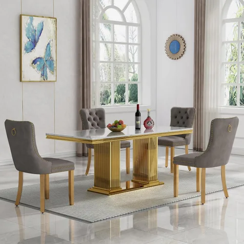 Vista 26 de Juego de mesa de comedor de mármol para 6, mesa de cocina rectangular de mármol blanco de 68 pulgadas con base en H de acero inoxidable plateado