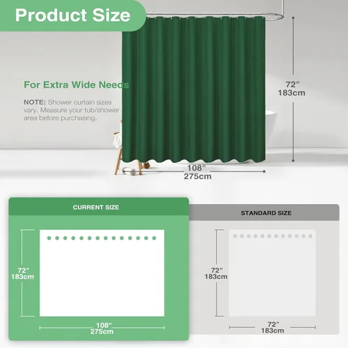 Vista 843 de Cortina de ducha de tela Dynamene verde oscuro - Cortinas de baño de tela de nido de abeja texturizadas resistentes, juego de cortinas de baño