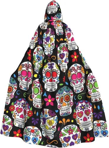 Mujer y hombre para el Día de los Muertos con diseño de calavera de azúcar, longitud completa, capa de vestido con capucha para disfraz de fiesta de