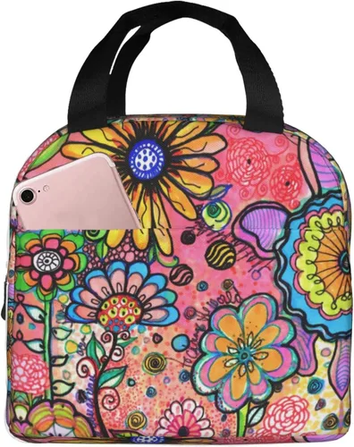 Vista 16 de Fiokroo Lonchera aislada con estampado a cuadros blancos y negros y negros, bolsa de almuerzo reutilizable para escuela, trabajo, universidad