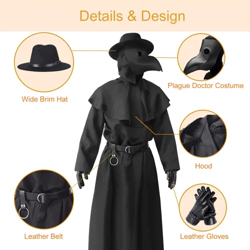 Vista 5 de ATTBEA Halloween Costume Compatible for Plague Doctors with Bird Beak Mask Black Cloak Robe with Hood