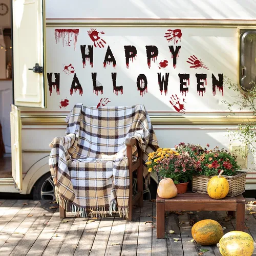 Vista 3 de Ceenna 22 calcomanías de imanes para puerta de garaje de Halloween, decoración de puerta de garaje con fondo sangriento, huellas de manos, imanes