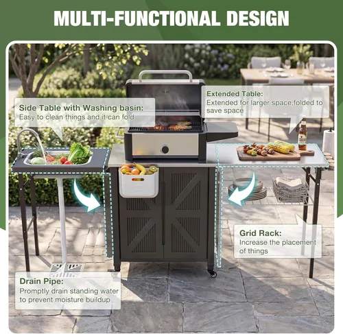 Vista 5 de 3-in-1 Outdoor Grill Cart with Sink & Faucet, Stainless Steel Top Outdoor Kitchen Island, Prep Table with Foldable Side Table, Storage Cabinet