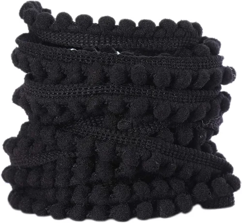 Mini pompón con flecos de bola, lazo para coser, flecos, accesorio de encaje para manualidades, decoración del hogar (negro, 10 yardas)