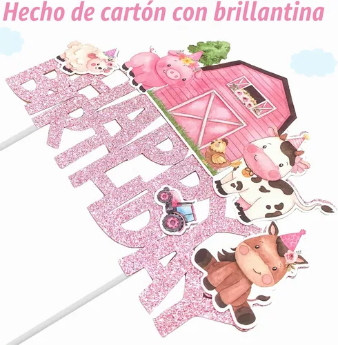Vista 5 de Decoración rosa para tartas de animales de granja, animales de granja, decoración de fiesta de cumpleaños, decoración de pastel de cumpleaños