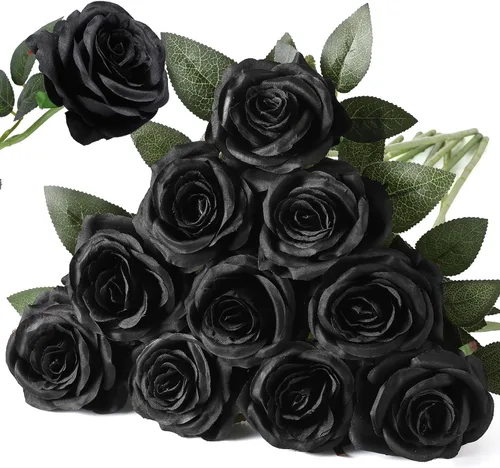 Nubry Ramo de rosas artificiales de seda realista, para boda, hogar, fiesta, decoración, evento, regalo, 10 unidades (negro)