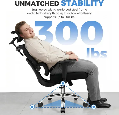 Vista 8 de Silla ergonómica de escritorio de oficina, silla de oficina de malla de respaldo alto con soporte lumbar ajustable, reposacabezas 3D, sillas de Negro