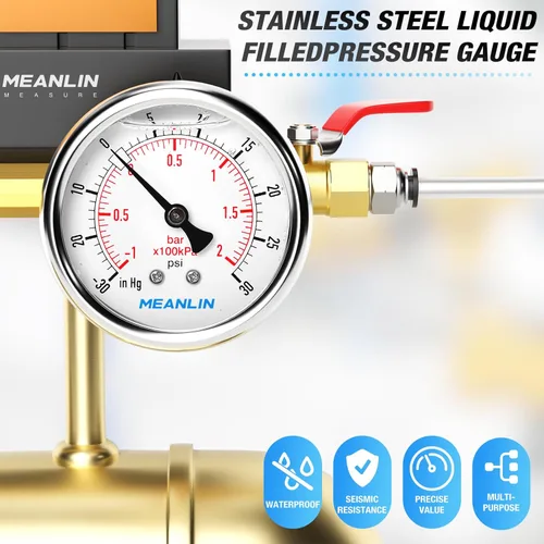 Vista 411 de MEANLIN MEASURE - Vacuómetro de presión de vacío de acero inoxidable, esfera con cara de 2.5 pulgadas, NPT de 1/8 de pulgada, montaje trasero