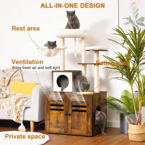 Vista 2 de Heybly Árbol para Gatos, Caja de Arena de Madera con Estación de Comida, Muebles para Gatos de Interior Todo en Uno con Plataforma Grande