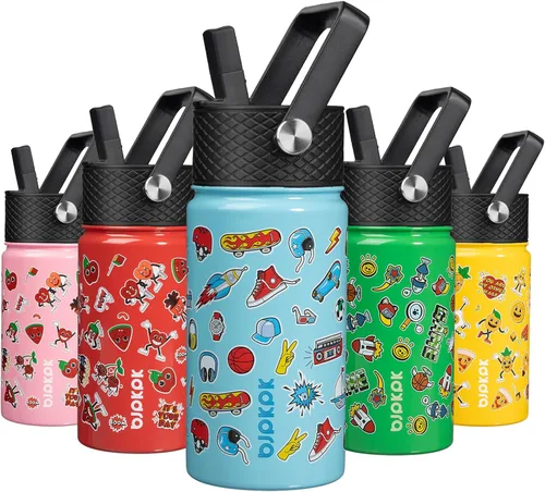 Vista 33 de BJPKPK Botella de agua con tapa con pajilla, botella de agua aislada de 15 onzas, botellas de agua de metal de acero inoxidable, termo reutilizable