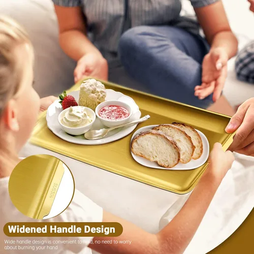 Vista 4 de 2 bandejas de acero inoxidable para servir, 15.7 x 9.4 pulgadas, bandeja rectangular dorada con asa, plato decorativo para mesa de café, plato