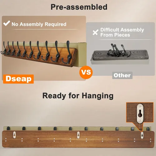 Vista 5 de Dseap Perchero de pared – Resistente 38-1/4 pulgadas de largo, con 10 tri-ganchos personalizados reforzados, colgador de pared de madera maciza