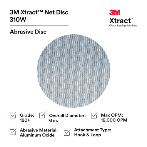 Vista 3 de 3M Xtract Net Disc 310 W, 120+, 6 pulgadas, troquelado 600Z, paquete de 50 discos de lijado con velcro, prácticamente libres de polvo, opción