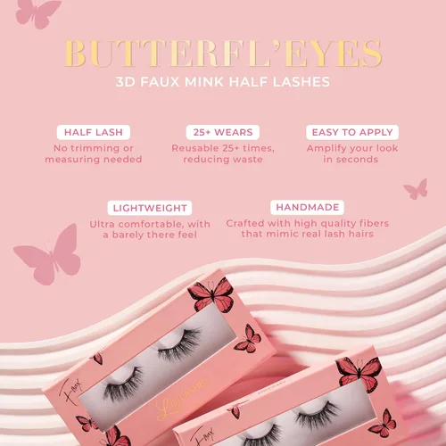 Vista 7 de Lilly Lashes Butterfl'eyes - Pestañas de visón sintético, medias pestañas de aspecto natural y tacto, pestañas postizas y reutilizables 20x, sin