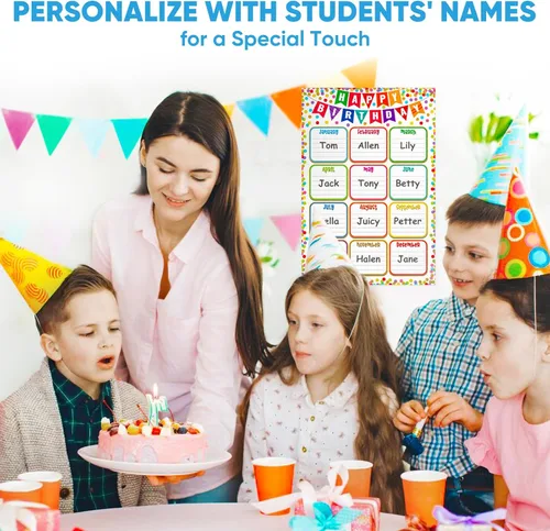 Vista 2 de FaCraft Cartel de cumpleaños para el aula, póster de confeti de feliz cumpleaños, calendario bohemio, reutilizable, laminado, para el día