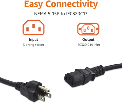 Vista 3 de Amazon Basics, Cable de alimentación para PC, 6 pies, paquete de 5, cable de alimentación AC para monitor, computadora, TV, 3 clavijas, 18 AWG, 125