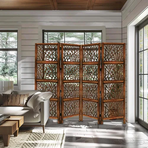 Vista 6 de Biombo Divisor de Habitación de Madera – Partición Plegable de 4 Paneles – Marco de Madera Maciza Marrón con Tallado a Mano Inspirado en Coral