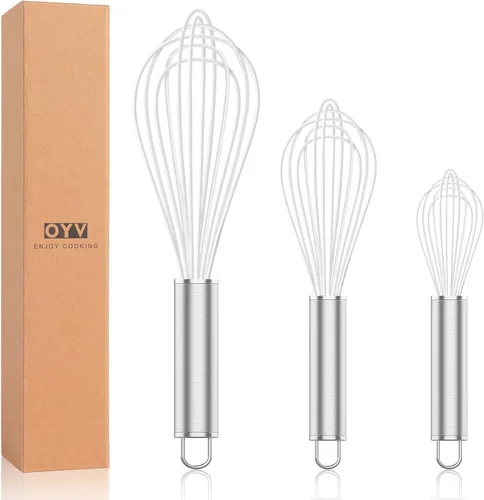 Vista 14 de OYV Batidor de silicona verde azulado, batidor profesional de silicona para cocinar sin arañazos, acero inoxidable y silicona Wisk, herramienta