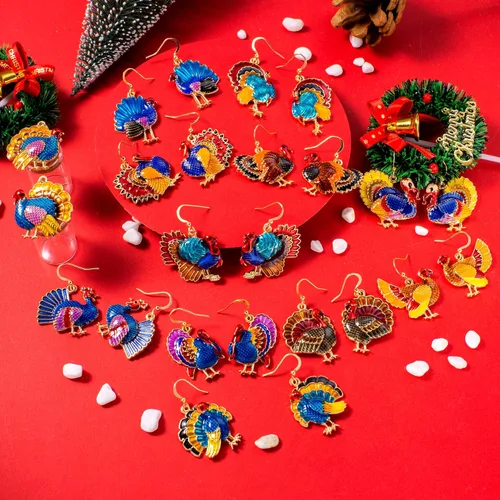 Vista 3 de Thanksgiving Earrings for Womens, Enameled Xmas Holiday Jewelry Turkey Drop Dangle Earrings