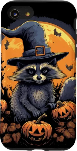 Vista 18 de iPhone 16 Raccoon Witch Hat Pumpkins Halloween Costume Case