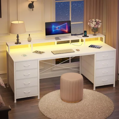 Vista 11 de Escritorio para computadora de 50 pulgadas con 8 cajones, escritorio para oficina en casa con tomas de corriente, escritorio de trabajo, estudio