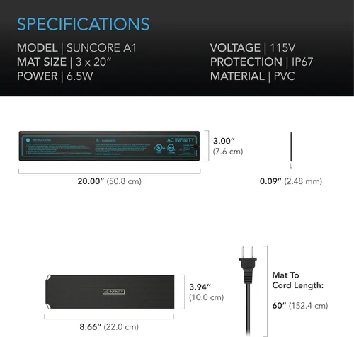 Vista 6 de AC Infinity SUNCORE A1, Alfombrilla Térmica Impermeable para Plántulas de 3" x 20", Almohadilla de Calentamiento Certificada MET y UL