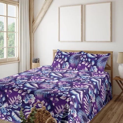 Vista 17 de Ambesonne Forest Sheet Set, Fantasy Jungle Floral Ornaments and Leaves Exotic Print Artwork, Fitted and Flat Sheet with Pillowcases Bedding Accent 4