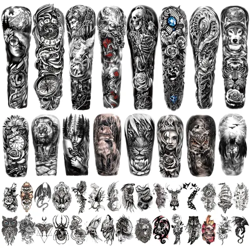 Tatuaje Temporal de Brazo Completo Impermeable para Hombres (L22.8" x A7"), 46 Hojas de Tatuajes Falsos para Mujeres León Tigre Reloj Flor Esqueleto