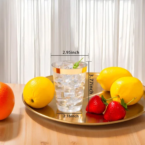 Vista 4 de I00000 100 vasos de plástico dorados, vasos de plástico transparente de 10 onzas con borde dorado, tazas de cerveza, vasos duros desechables