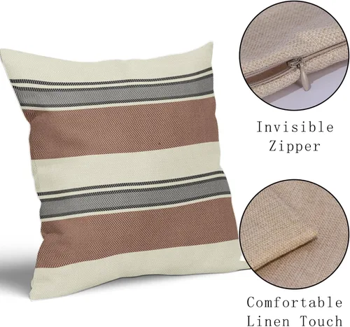 Vista 4 de Juego de 2 fundas de almohada a rayas negras y marrones de 16 x 16 pulgadas, diseño de rayas bohemias con estampado de rayas color crema, fundas