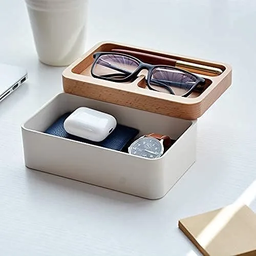 REVOV - Caja de bandeja con tapa giratoria magnética de madera auténtica almacenamiento de escritorio organizador de escritorio de oficina