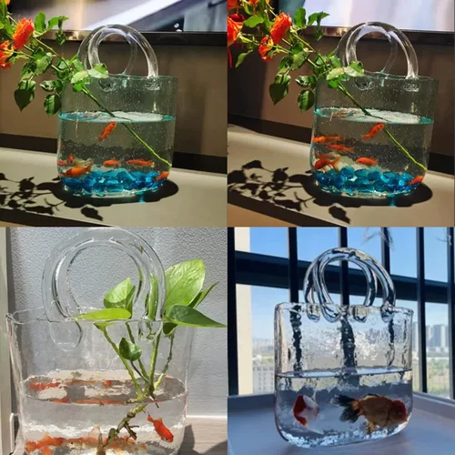Vista 5 de Florero de cristal para flores, florero transparente soplado a mano con asas, jarrón decorativo único para arreglos florales, centro de mesa