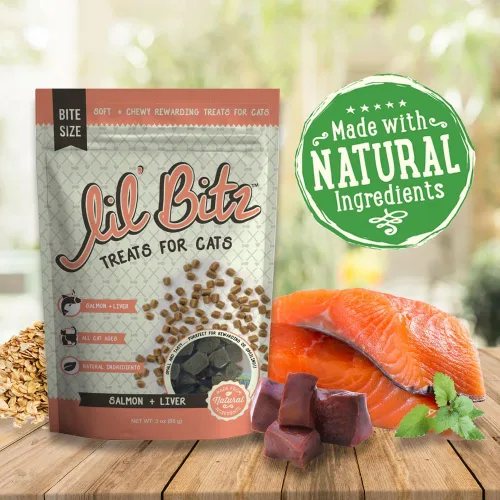 Vista 4 de Lil' Bitz Golosinas suaves y masticables para gatos, tamaño de mordida gratificante, hechas con ingredientes naturales, sabor a salmón e hígado