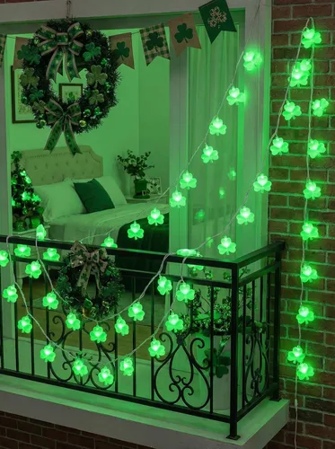 Vista 3 de Guirnalda de luces de trébol, 8.5 pies para decoración del día de San Patricio con 10 luces de trébol verde, luces de hadas de trébol conectables