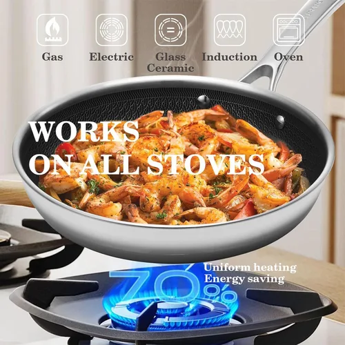 Vista 3 de Woks & Sartenes antiadherentes híbridos de acero inoxidable de tres capas Wok10 pulgadas con tapa, interior texturizado Wave Etch, apto