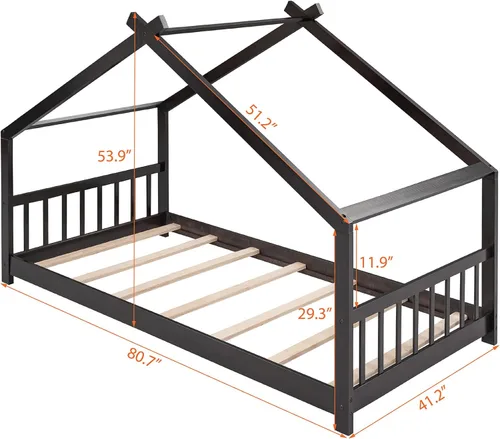 Vista 2 de Harper & Bright Designs Cama de casa para niños, cama individual de madera con cabecera y estribo, marco de cama individual para niños pequeños
