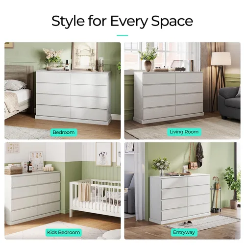 Vista 11 de LINSY HOME Cómoda de 8 cajones para dormitorio, cómoda de 53 pulgadas de ancho, modernos cajones de madera de granja con almacenamiento, organizador