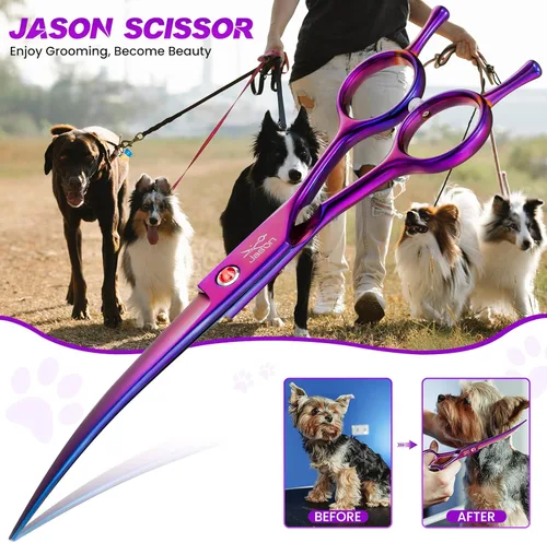 Vista 3 de JASON Tijera de adelgazamiento de 7 pulgadas y cizalla curva de 7.5 pulgadas para el aseo del perro